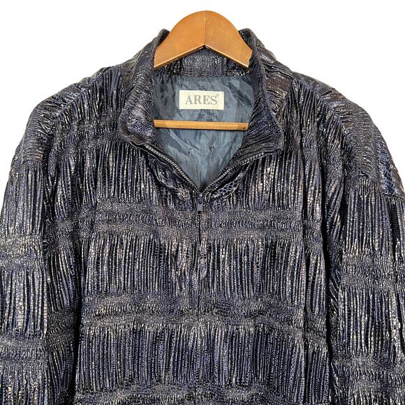 Vintage Ares Metallic Pleated Jacket Puffer Accordion Spotted Indigo - XL - Picture 2 of 5